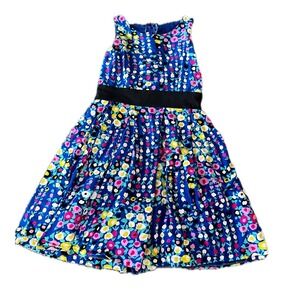 Handmade Blue Floral Sleeveless Fit and Flare Dress Mod Art Deco Size Small